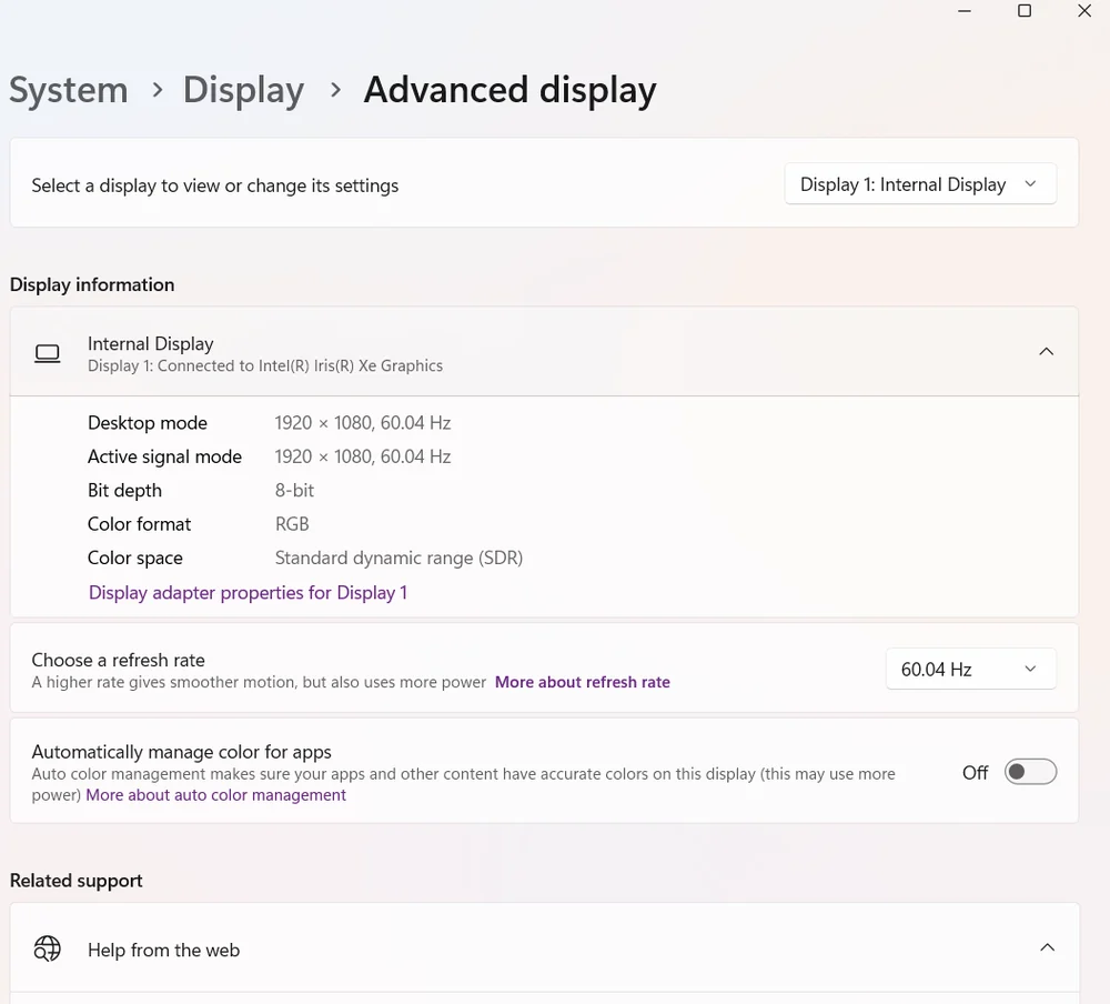 Advanced display settings in Windows 11 showing the Choose a refresh rate dropdown set to 60.04 Hz